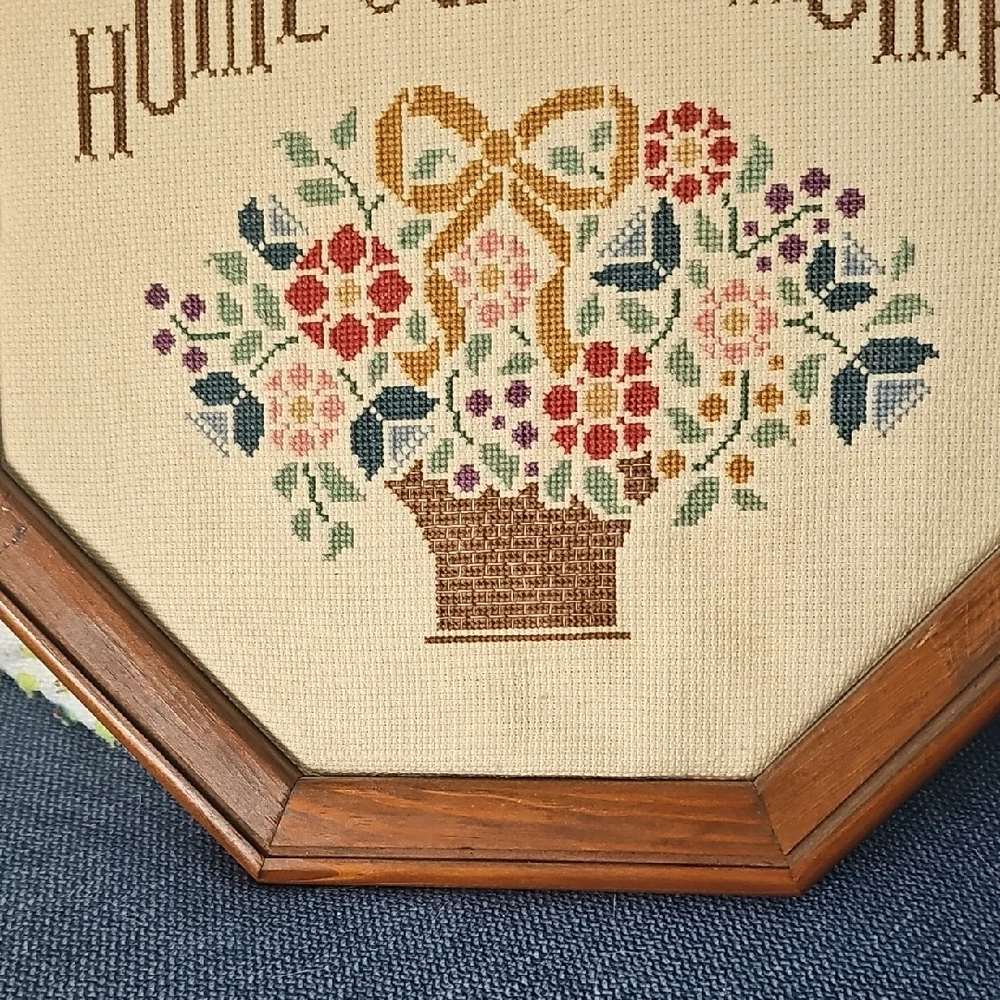 VINTAGE Home Sweet Home Floral Cross-Stitch Decor 80s Embroider Handmade Frame - Picture 7 of 10